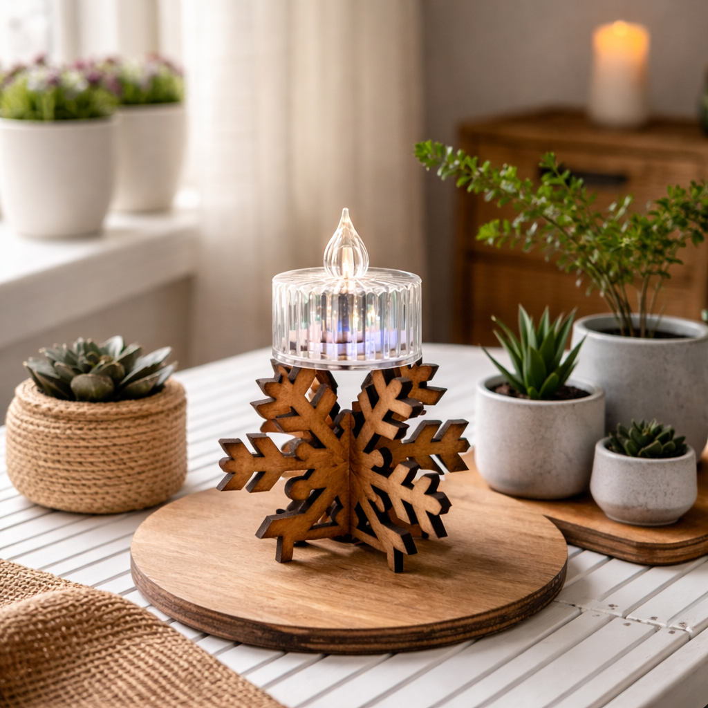 Wooden Snowflake Candle Holder | Decorative Tea Light Stand