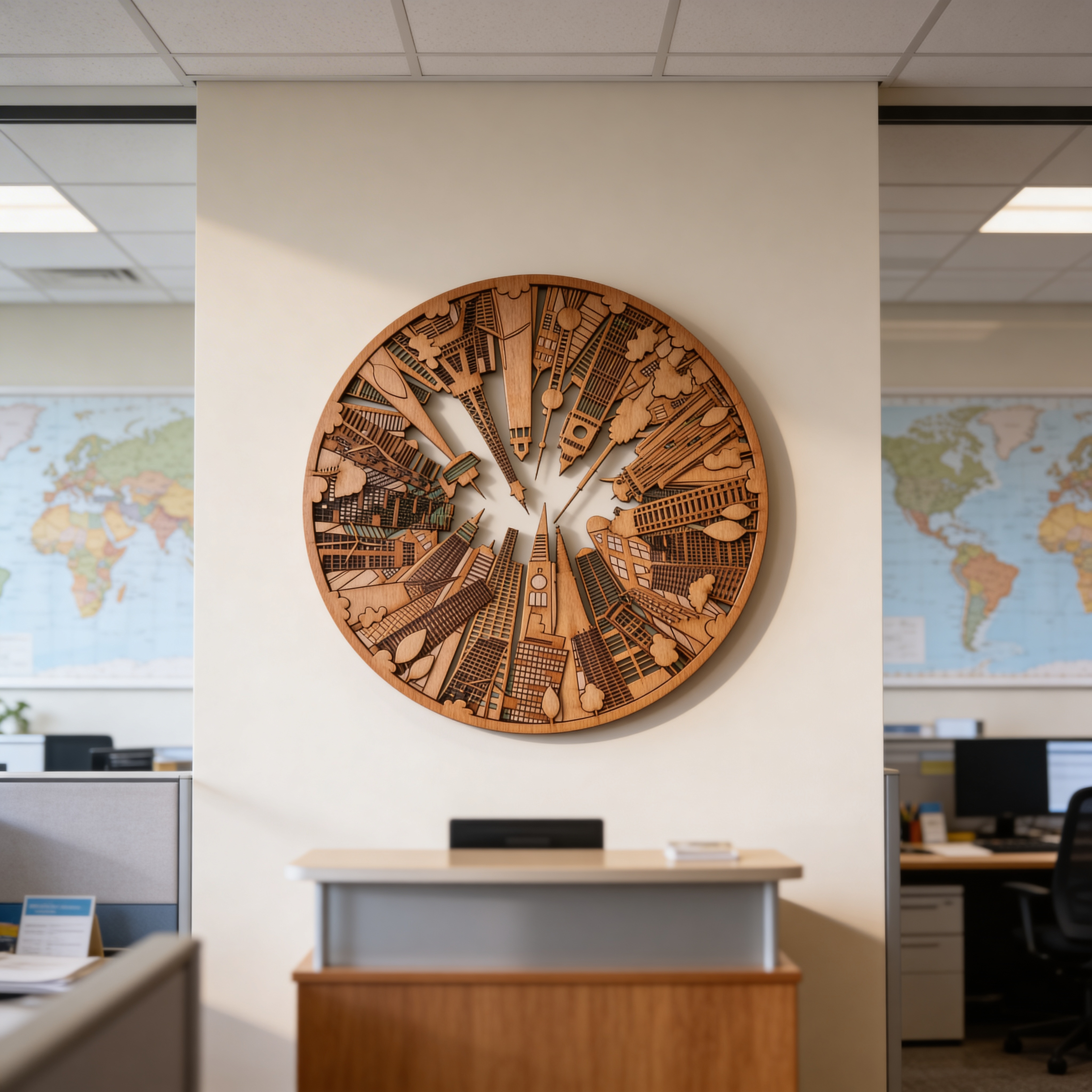 Urban Skyline Wooden Circle Wall Decor