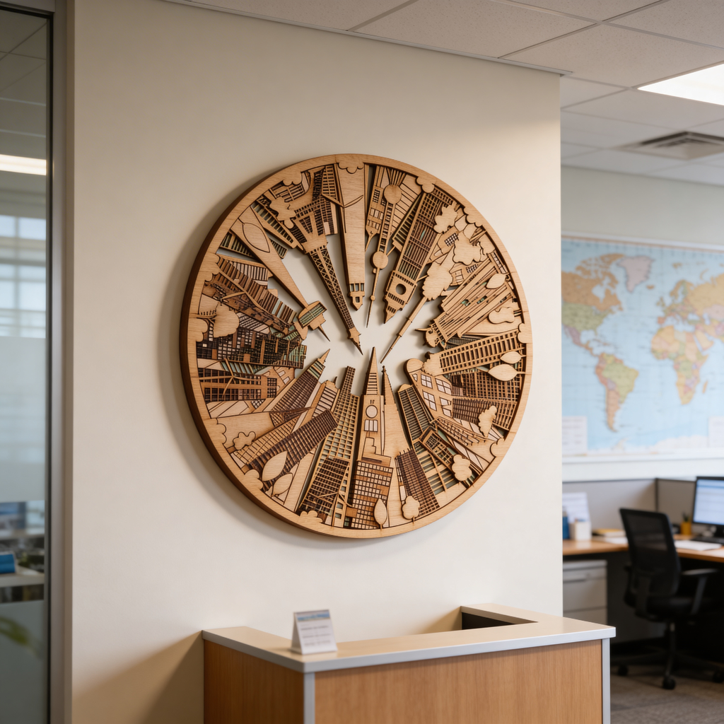 Urban Skyline Wooden Circle Wall Decor