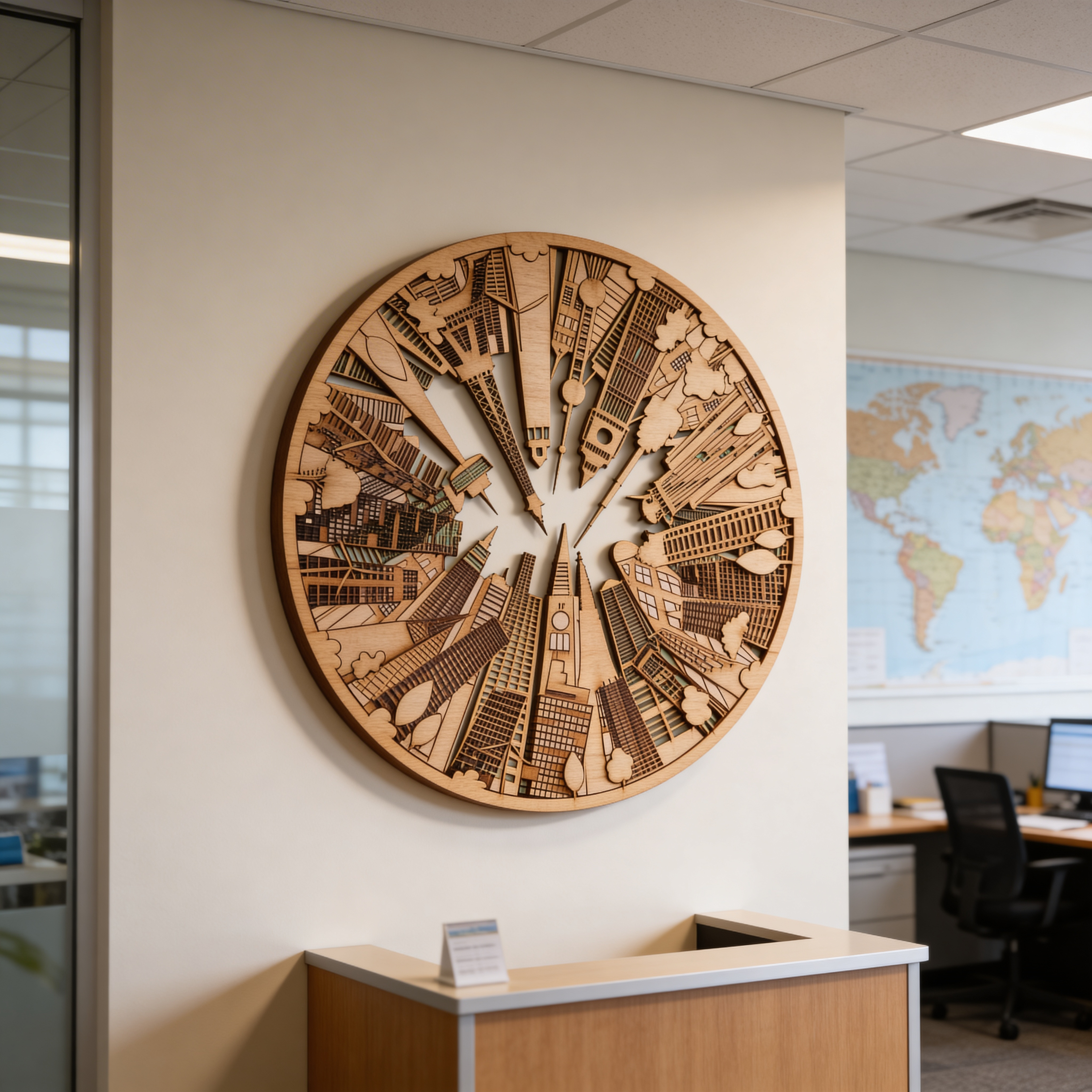 Urban Skyline Wooden Circle Wall Decor