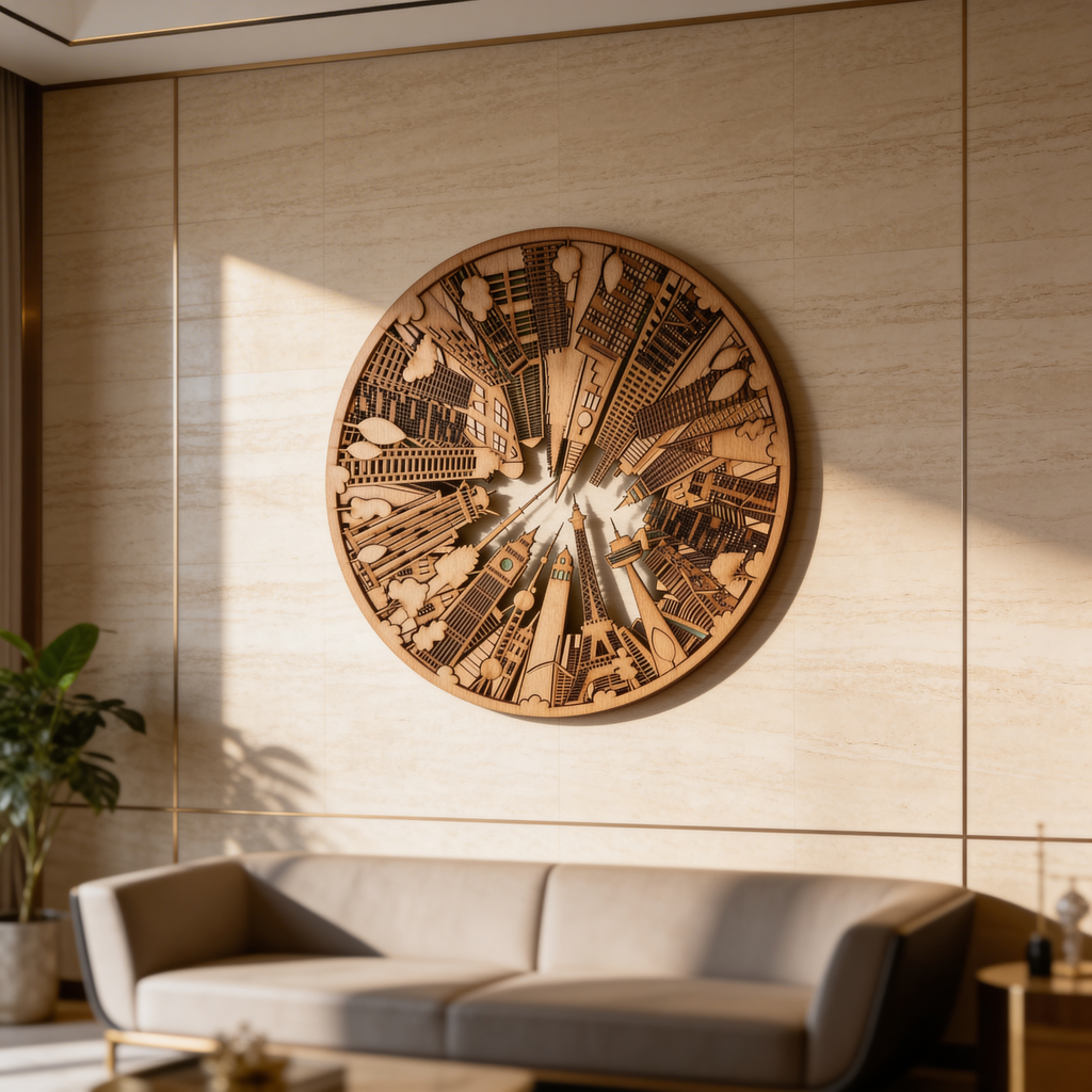 Urban Skyline Wooden Circle Wall Decor