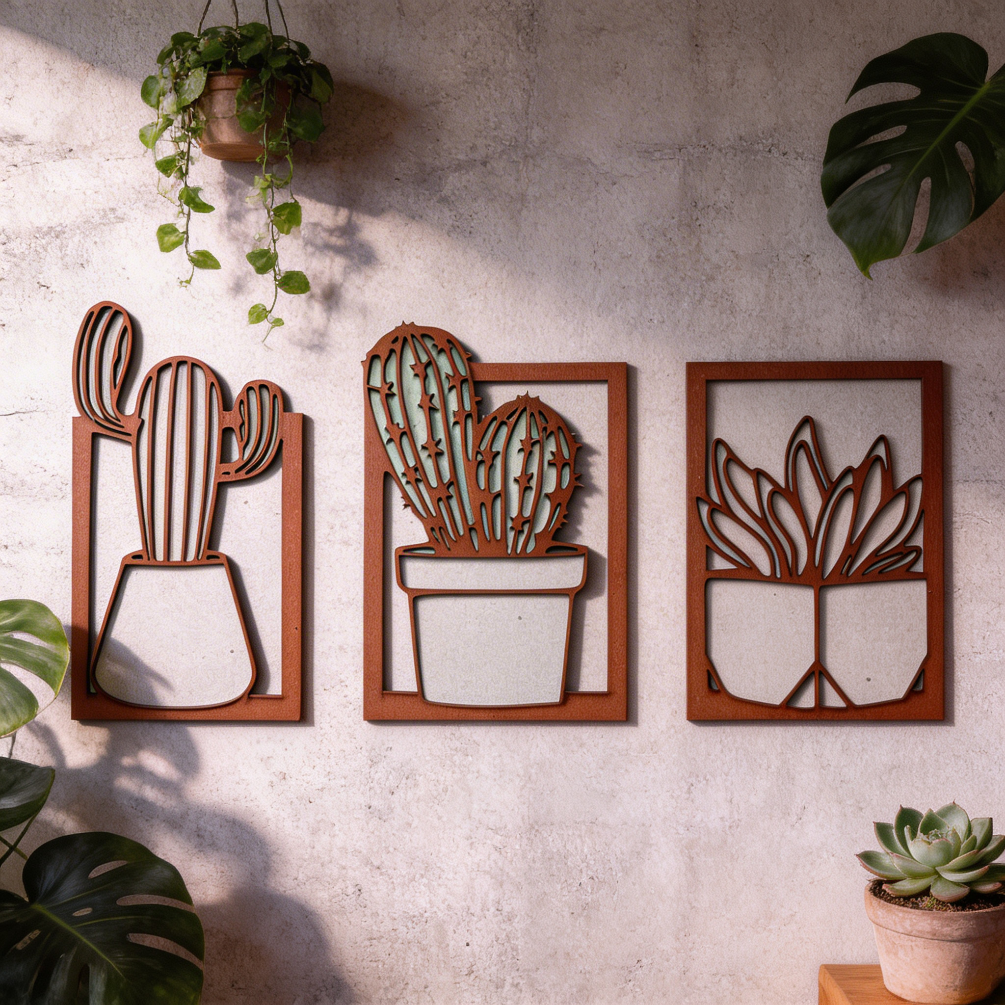 Wooden Cactus Wall Frame Set